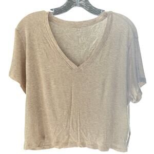 American Eagle Soft Ribbed Crop Tee Oatmeal V Neck Womens Large